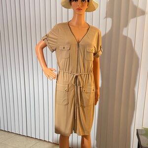 Muse Tan Zip-Front Drawstring Utility Midi Dress